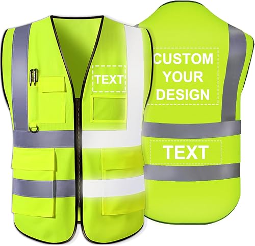 YouBaiVS Gilet de Sécurité Personnalisable pour Hommes Haute Visibilité Réfléchissant 5 Poches avec Logo Fermeture à Glissière S-5XL pour Vêtements de Travail de Protection Extérieure